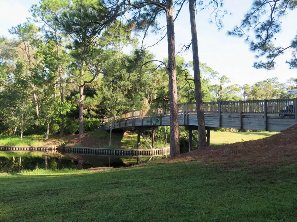 Walking past the bridge.