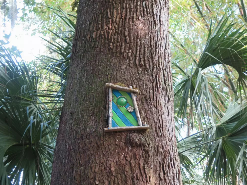Diagonally striped fairy door, at the October 2020 exhibit.