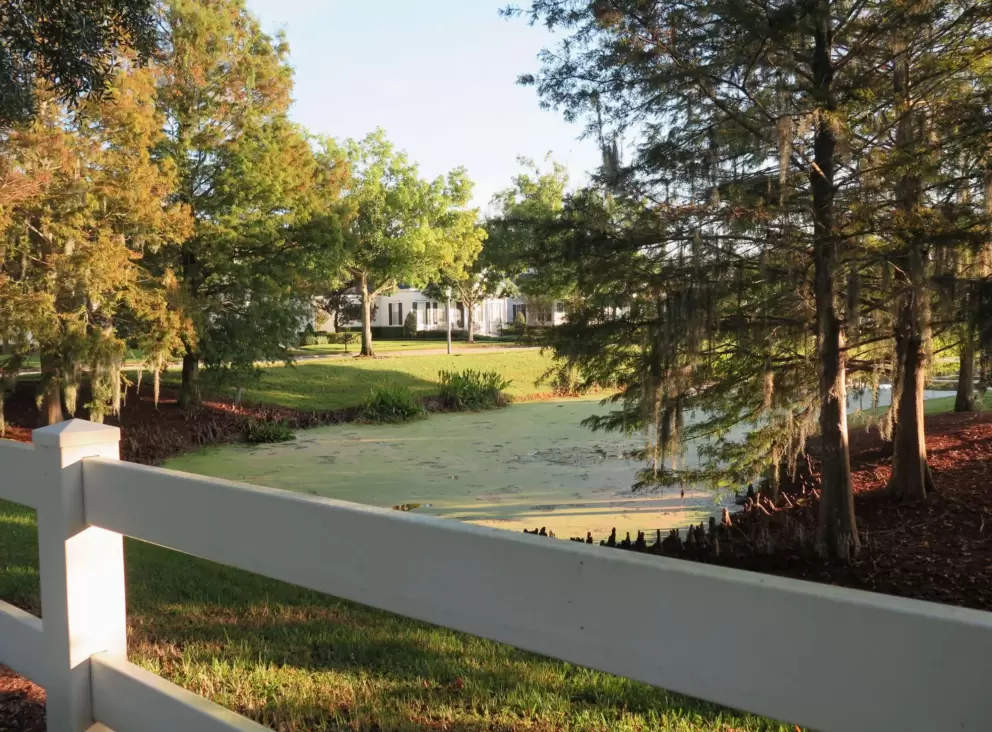 White fence by the lake.