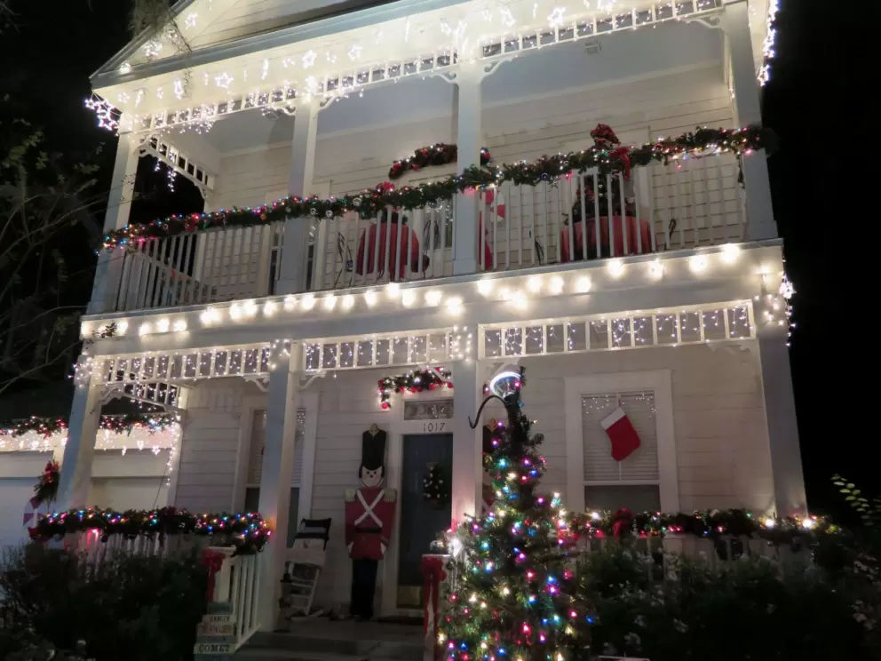 Ornate balcony lit up.