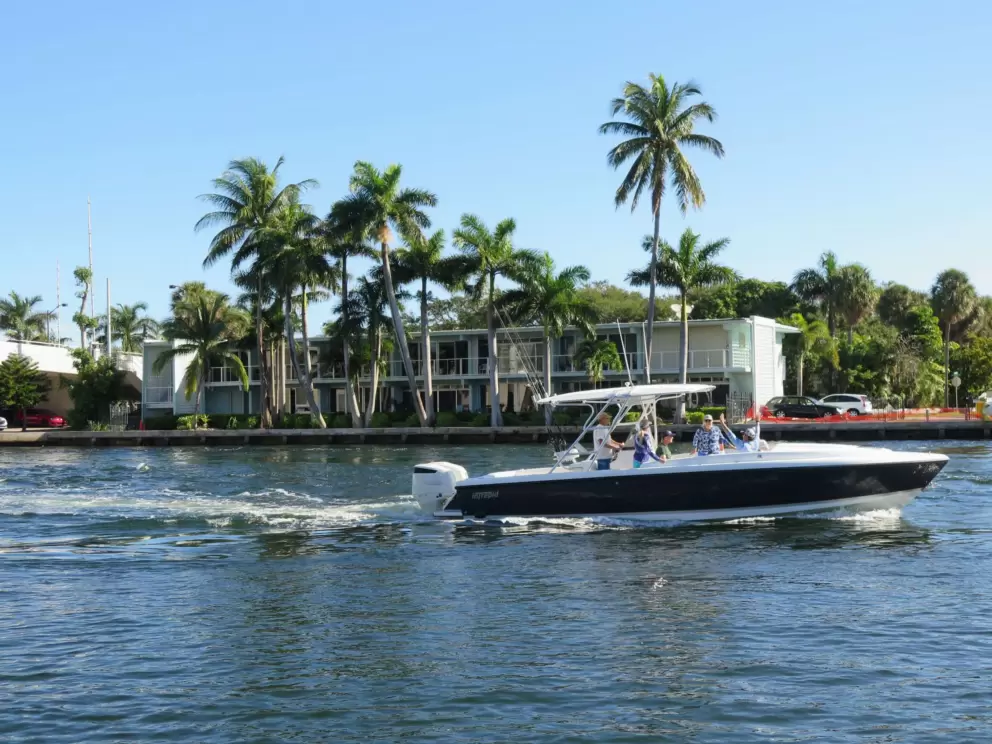 A boat goes by.