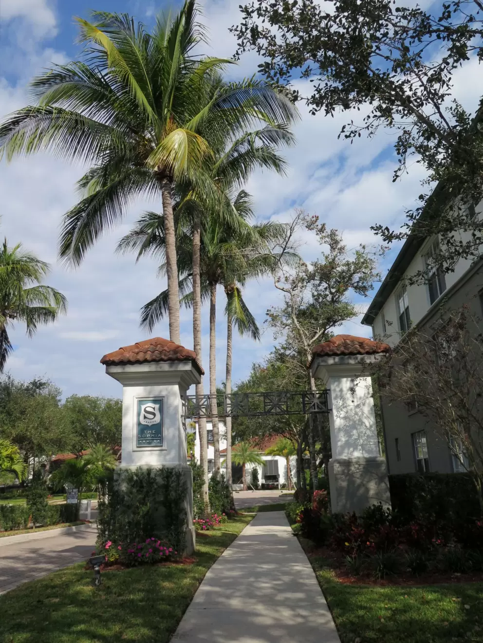 The sidewalk at The Sophia apartments. 