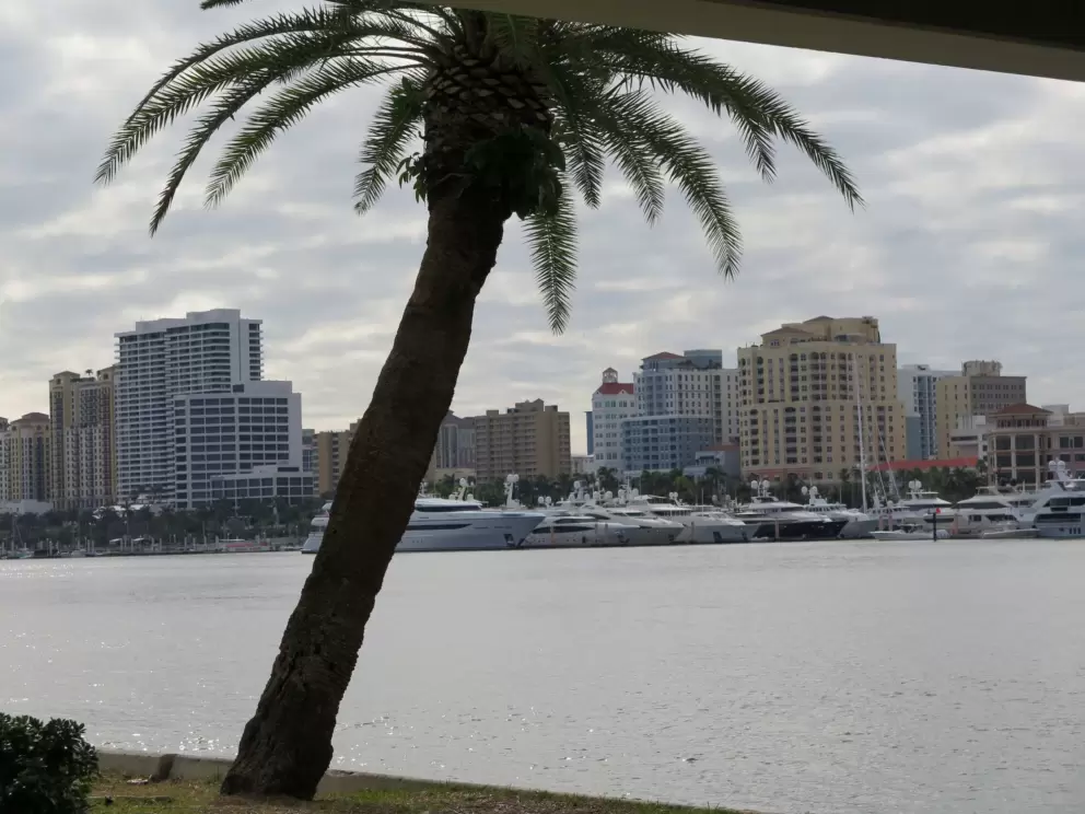 Looking toward the city skyline from under the Flagler Memorial Bridge.