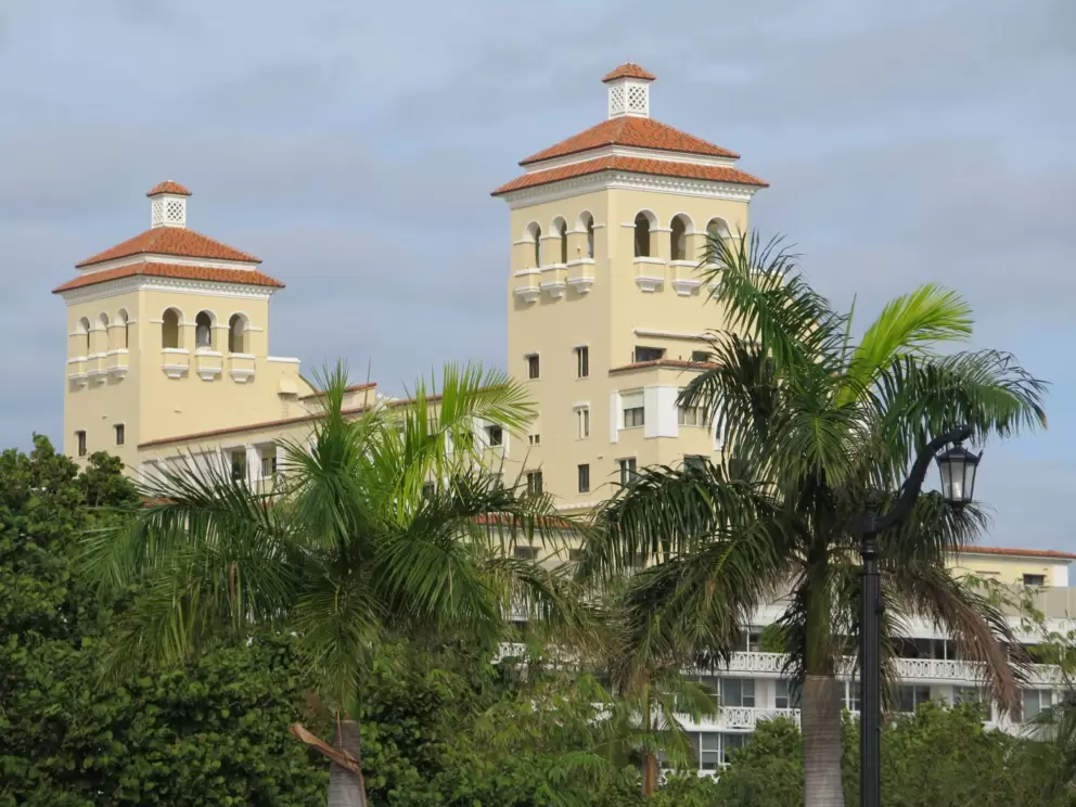 The two towers of the yellow Biltmore condos, as seen from Flagler Memorial Bridge.