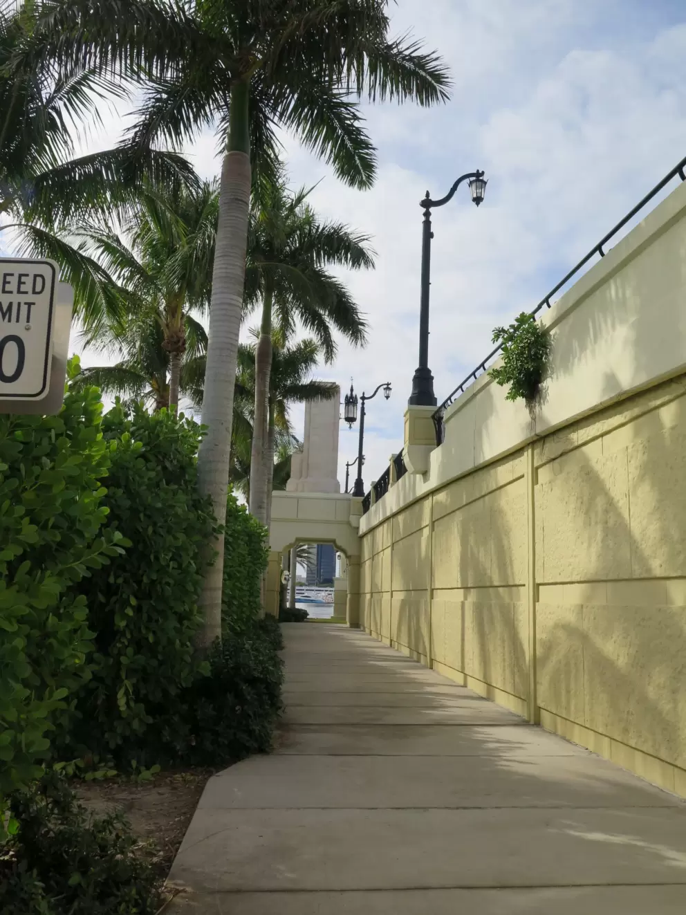 Shady path beside the Flagler Memorial Bridge, as you head underneath it from Royal Poinciana Plaza. 
