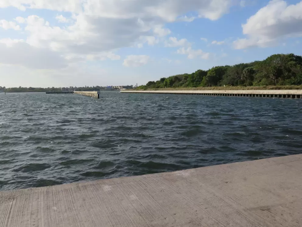 Looking west at the little island and the barricade that boats must stay between.