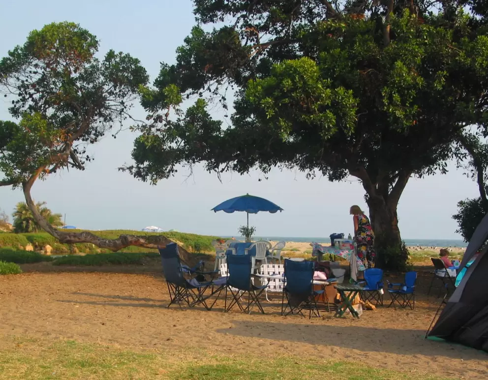 Tablecloth and even a vase of flowers at Carpinteria campground!