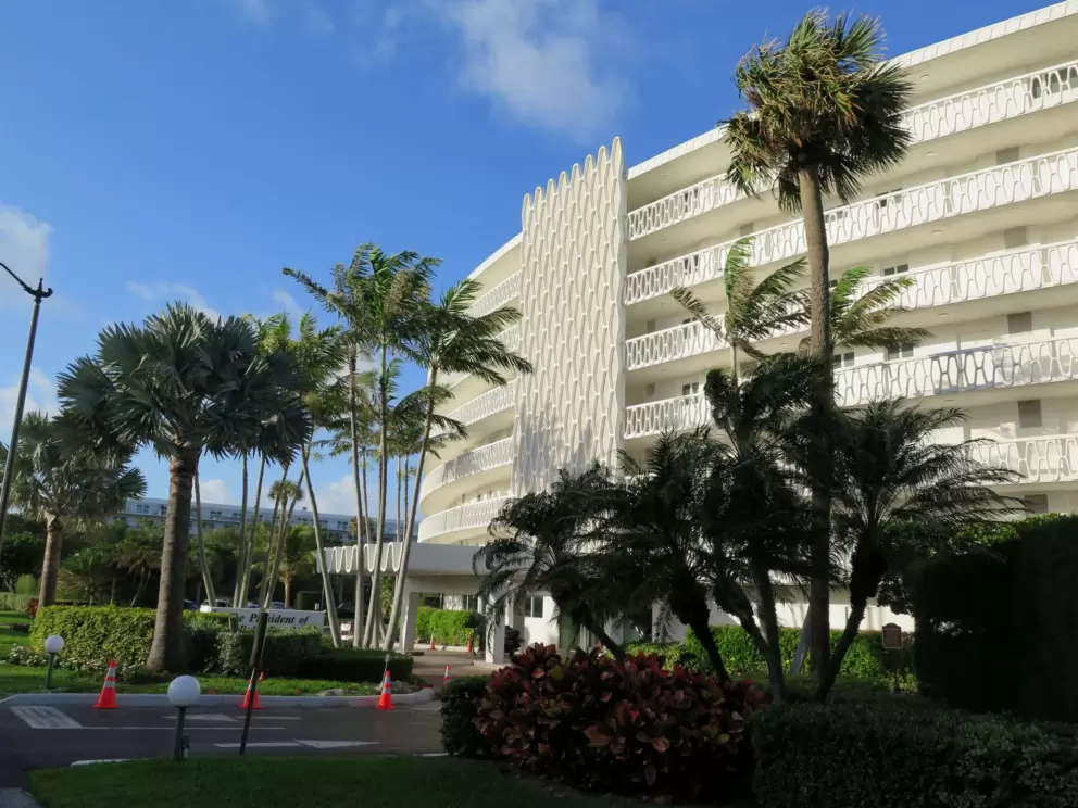 A 70s-style building you see from the path.