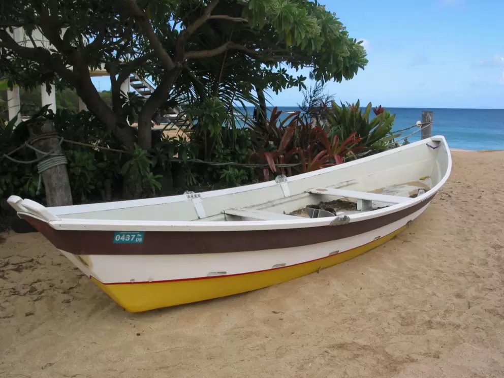 Boat and garden at the lifeguard stand at Waimea Bay.