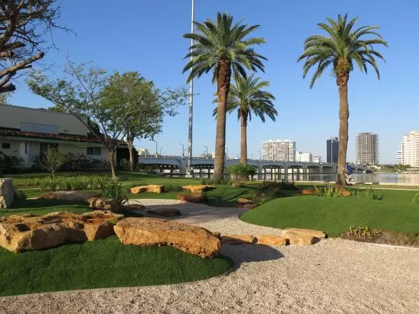 Canary palms and golden rocks.