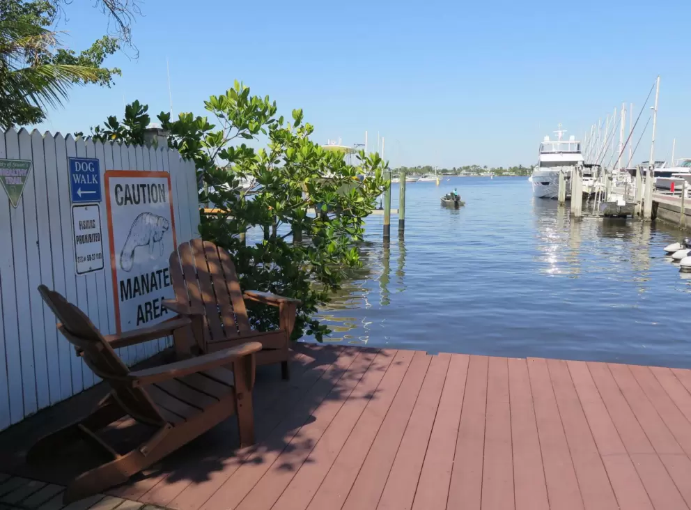 Shady spot for adirondack chairs at Gilbert's Coffee Bar. 