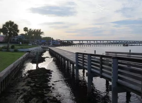 The beginning of the boardwalk at sunset.
