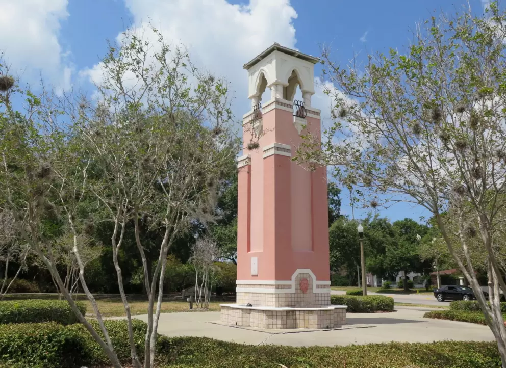 Pink tower in a tiny park at 105 E. Davis Blvd.