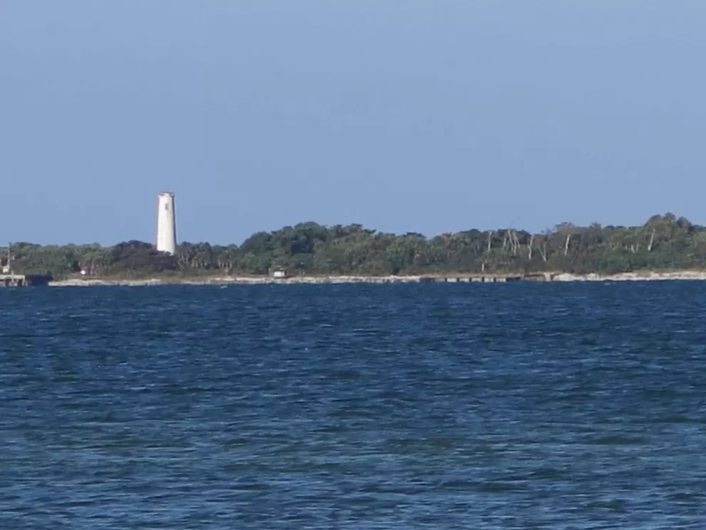 Zooming in to see the lighthouse on Egmont Key.