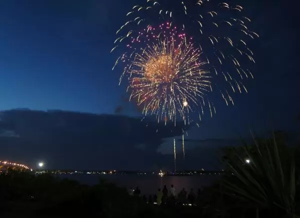 July 4th fireworks shimmering in gold.