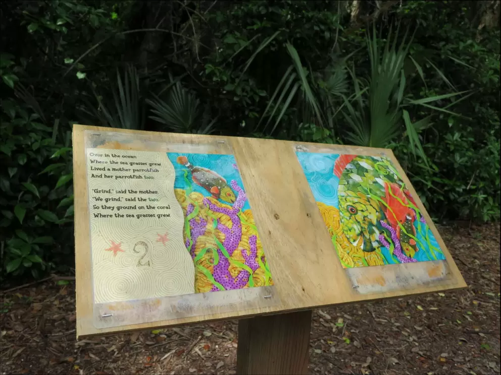 Colorful story kids can read to keep them interested in the walk.
