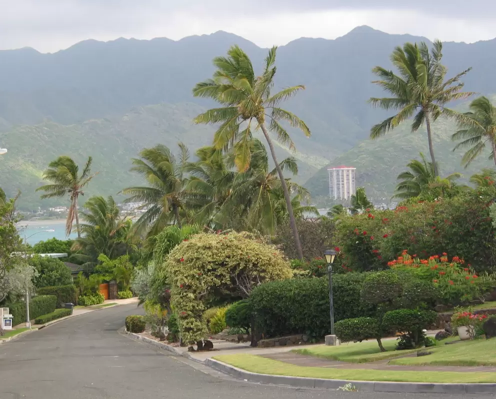 Hanapepe Loop and the tall, jagged mountains that rise above the suburb of Hawaii Kai.
