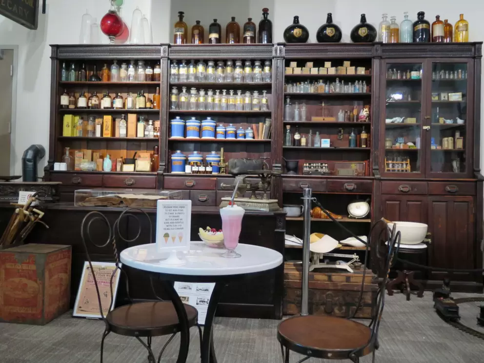Soda shop. You can take a selfie on the 100 year old chairs!