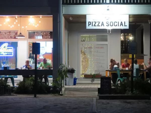 Pizza Social, at night.