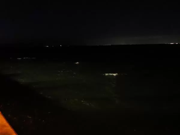 The curling waves in the light at the end of the pier.