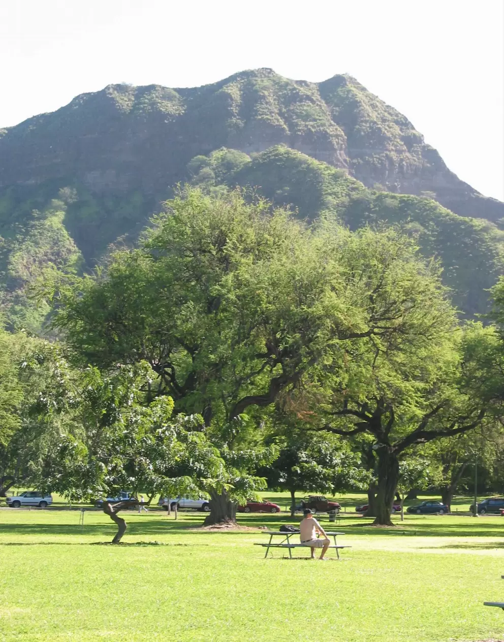 The volcanic crater, Diamond Head, stands tall above Kapiolani Park.