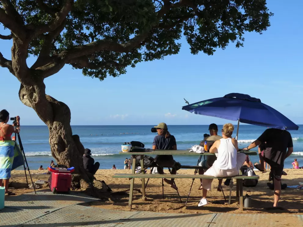 Photographers at the Haleiwa Challenger surf contest 2021.