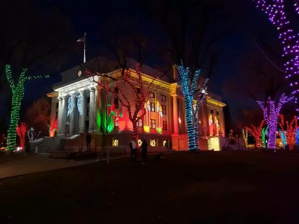 The courthouse lit up at Christmastime.