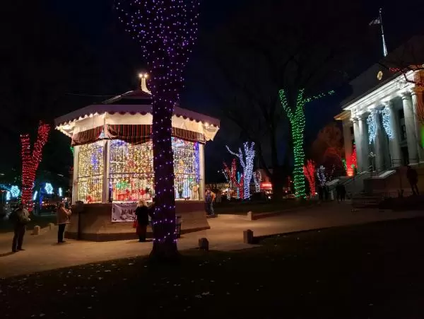 Little gazebo lit at Christmastime.