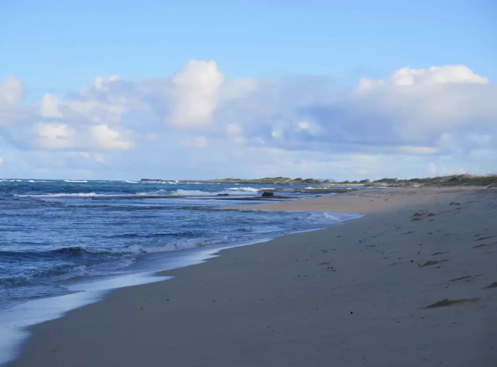 Silver blue light on the shore in the late afternoon.