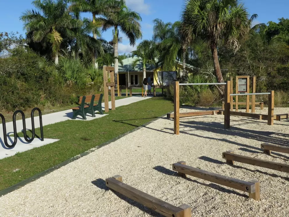 Workout station and bike rack.