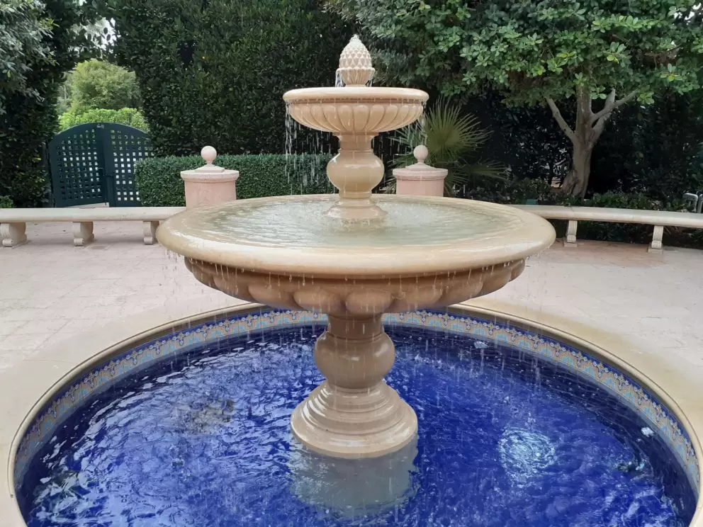 Blue fountain, across from Town Hall. 