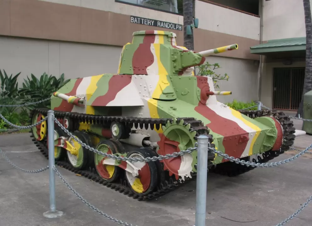 The multi-colored tank outside the Army Museum.