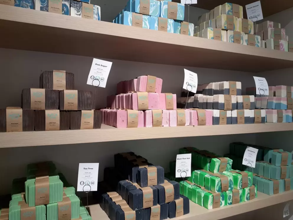 The many soaps at Buff City Soap.