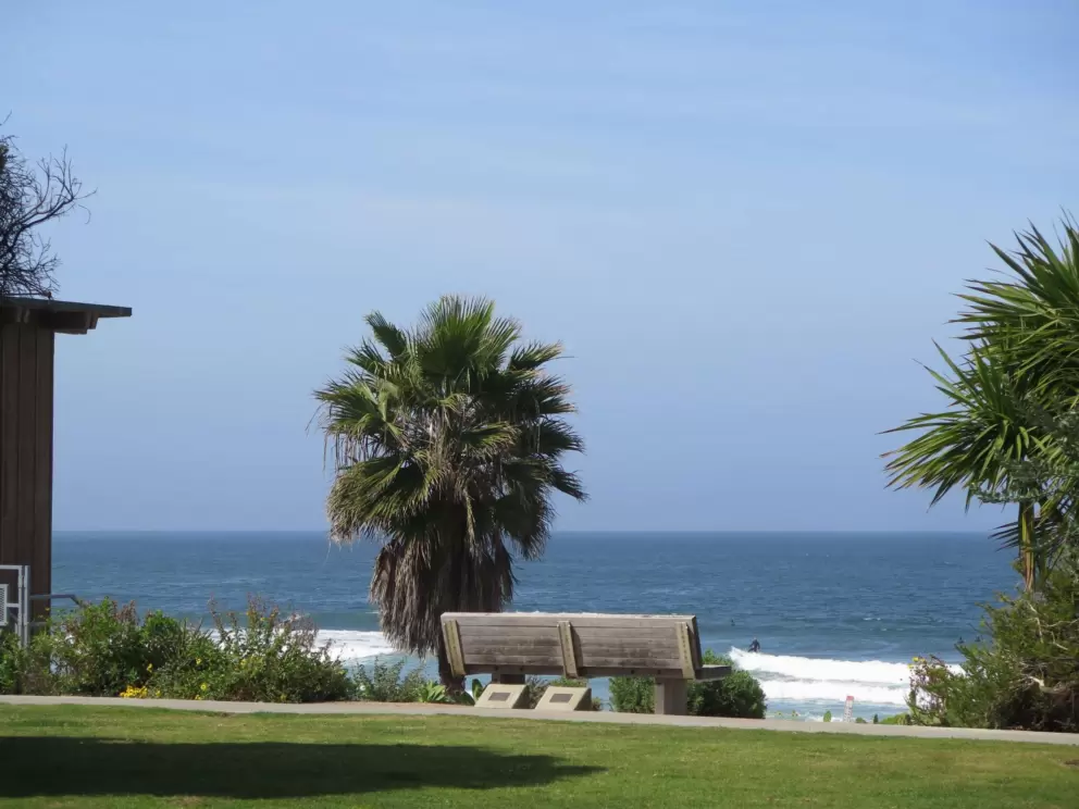 Bench beside Scripps Pier, with surfers beyond.