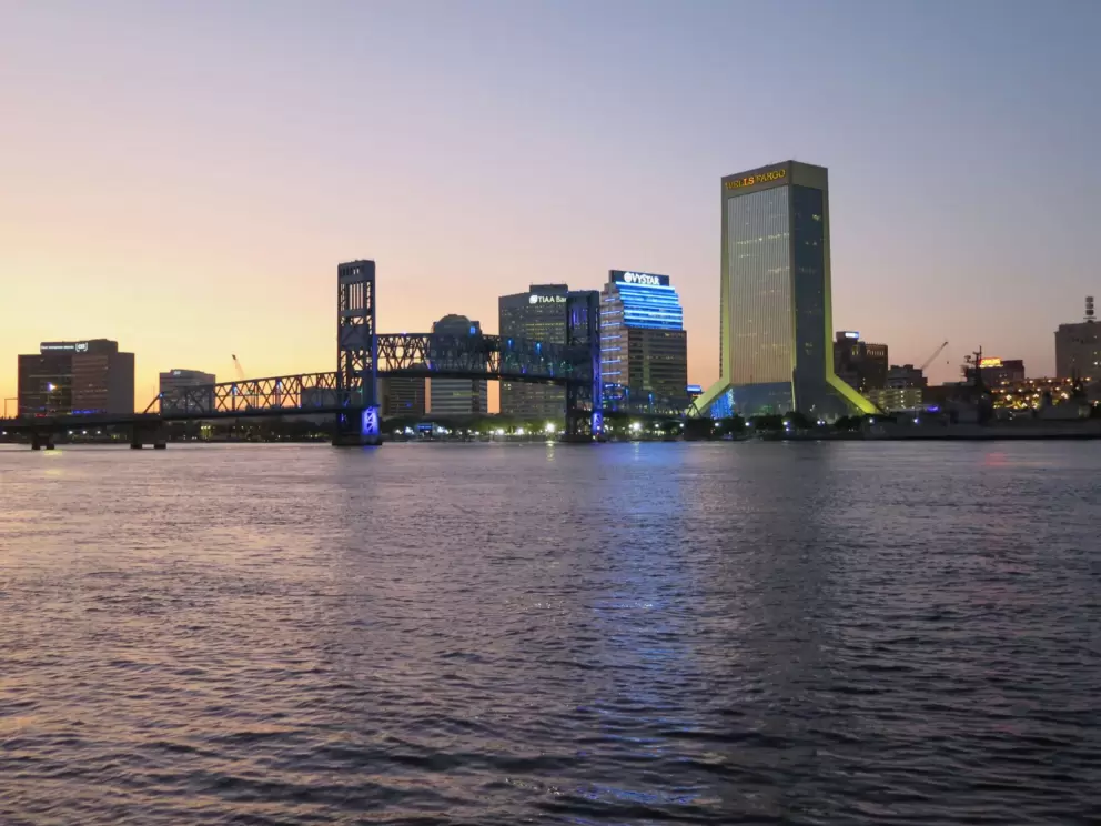 Main Street Bridge and glass skyscrapers.