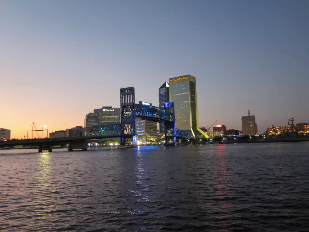 The wide river and Main Street Bridge.