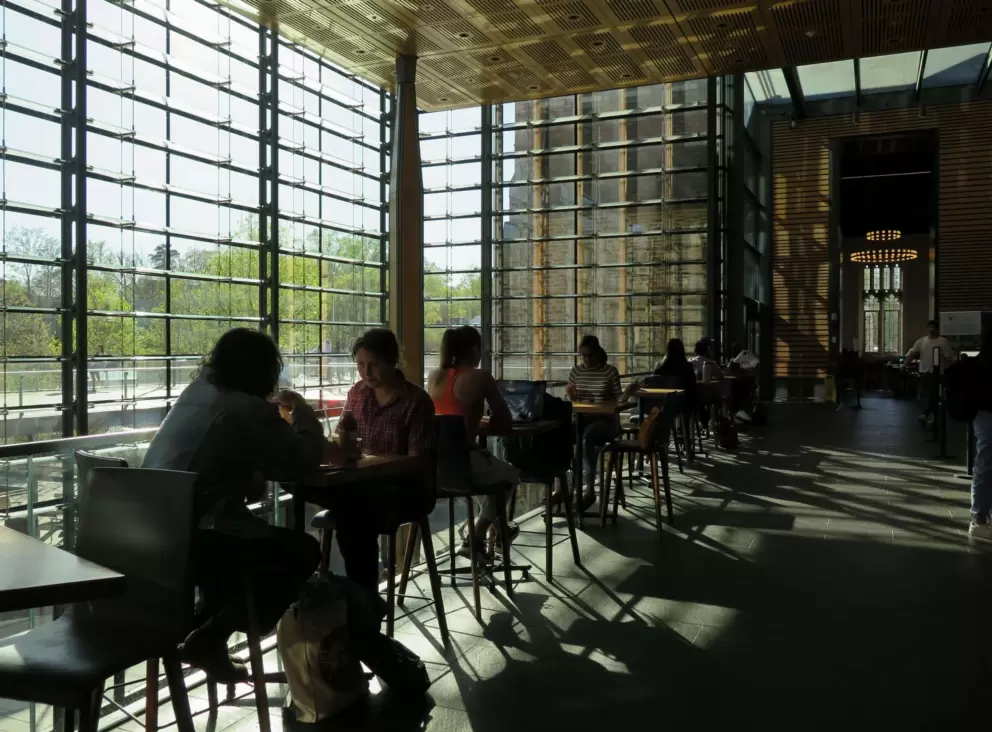 Students enjoy the view outside the huge windows in the Intl Food Court.
