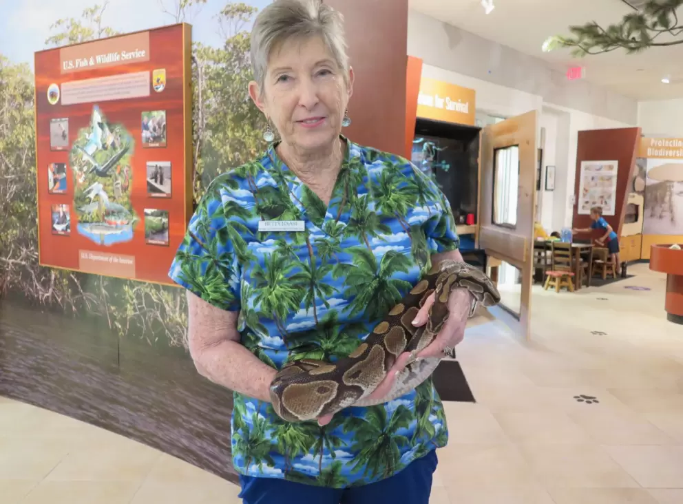 A volunteer shows us a snake!