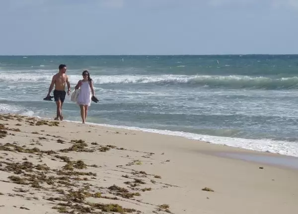 A couple walks along the shore.