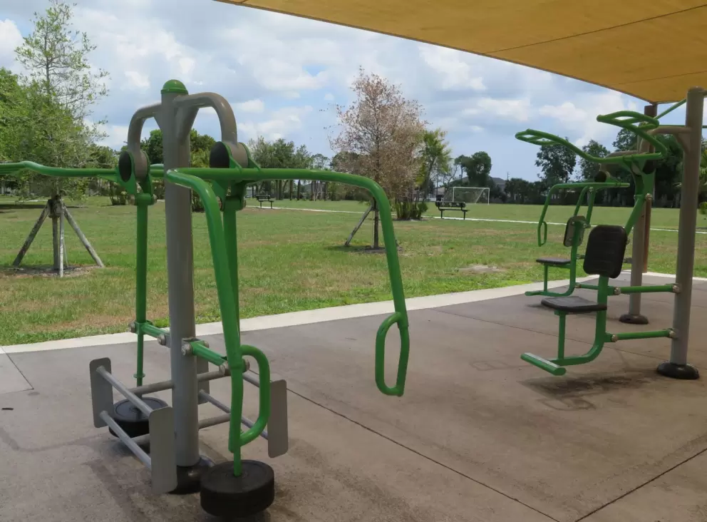 Workout gear under a shade canopy.