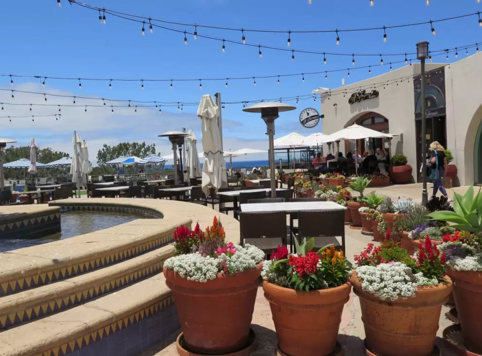 Fountain, strung lights, and potted plants.