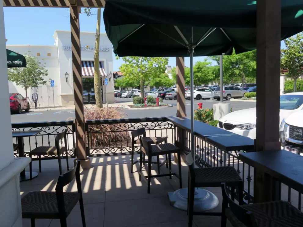 Seating outside Starbucks.