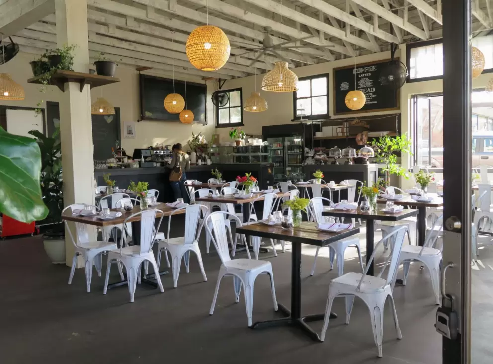 A cafe with wicker lanterns.