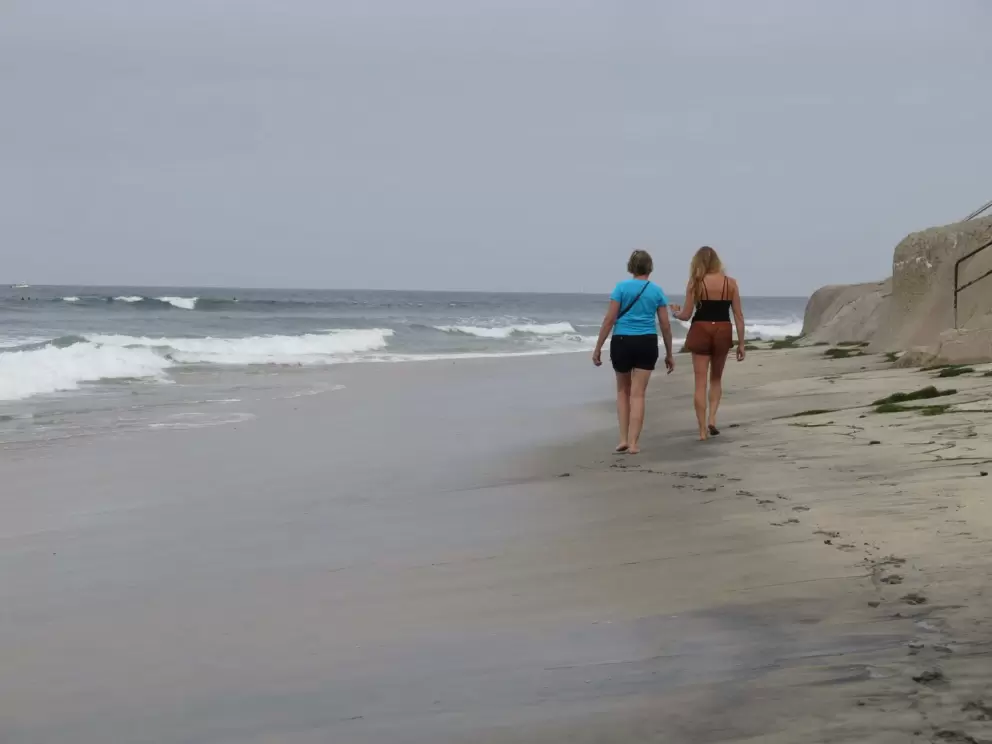 Women walking along the shore.