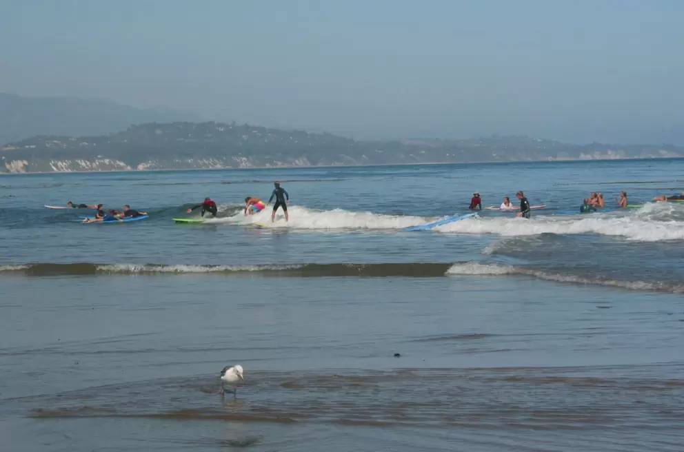 A surfer catches a ride at Campus Point.