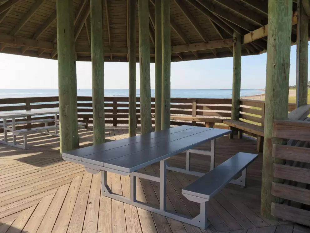 Shady picnic table in the large gazebo.