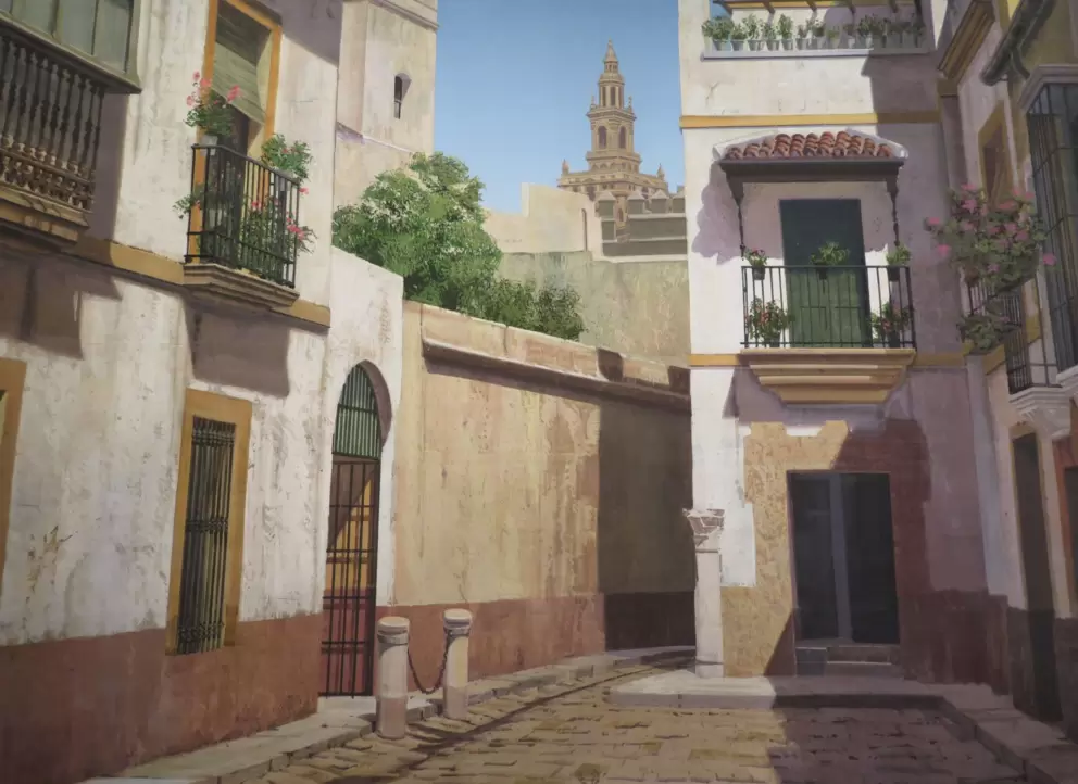 European village backdrop, in Art of the Hollywood Backdrop exhibit. 