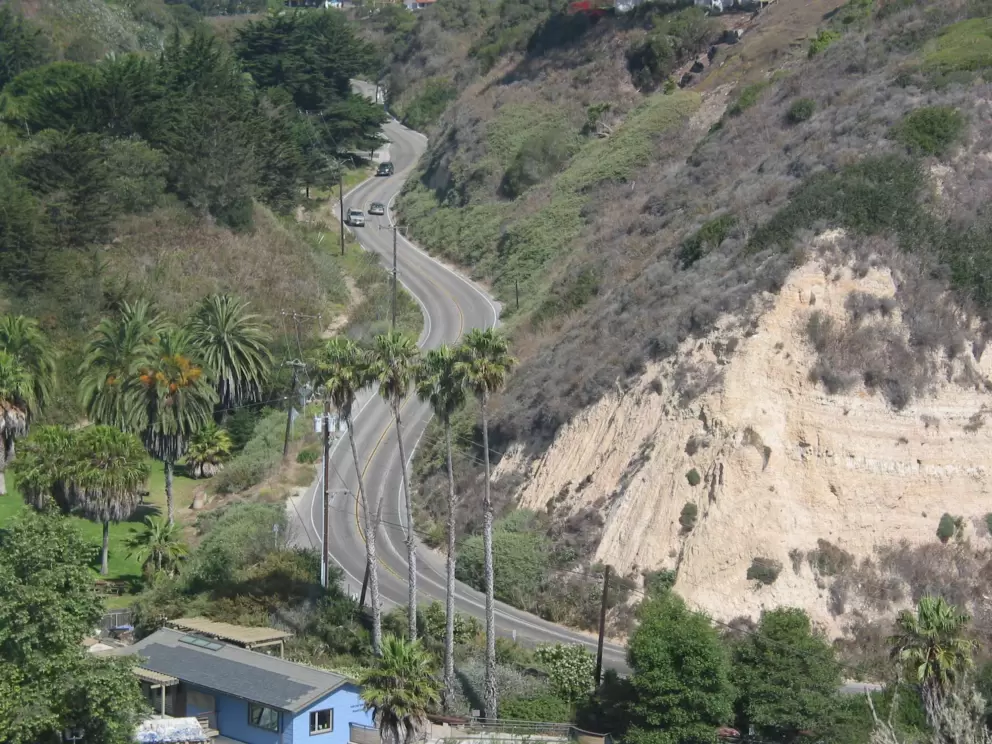 View of winding Cliff Dr, as seen from the end of the walk at Douglas Preserve. Look at the honeycomb cliffs!