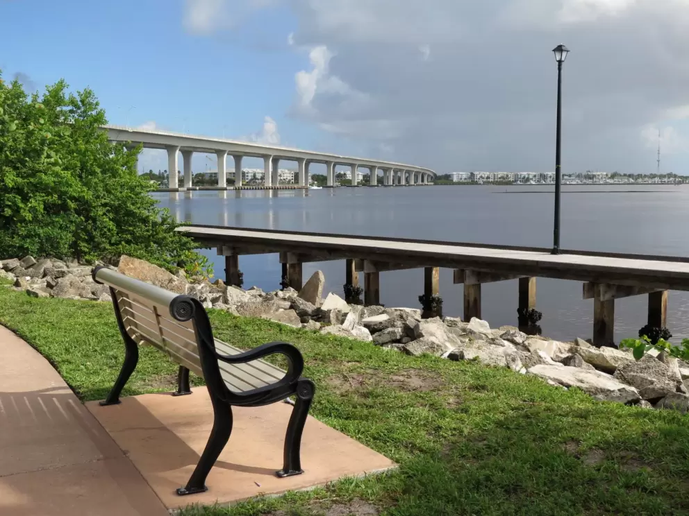 Bench looking out on the boardwalk and bridge.
