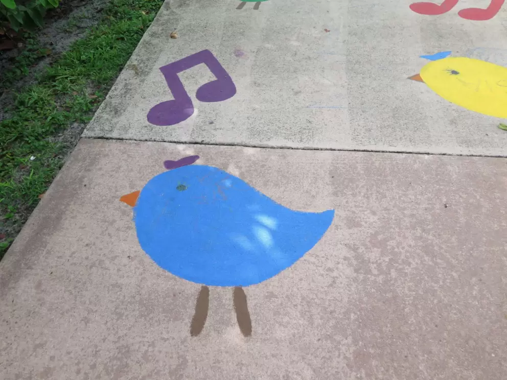 Colorful bird picture on the path.